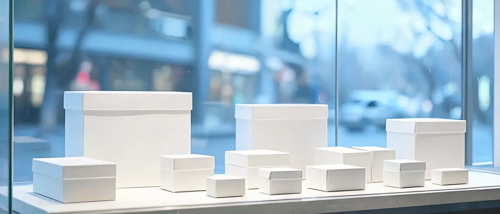 商店橱窗里陈列的多个空白包装盒，规格各异
