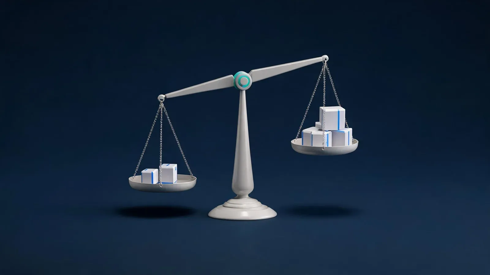 立体渲染：一台天平，两端托盘上的方块砝码大小不同因而倾斜