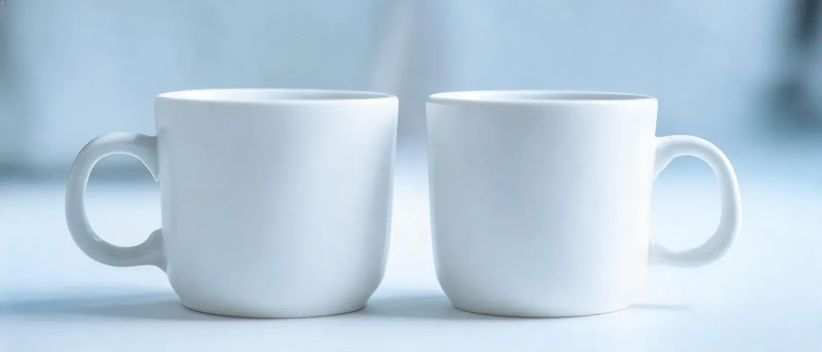 两个完全相同的白色杯子并排摆放的特写
