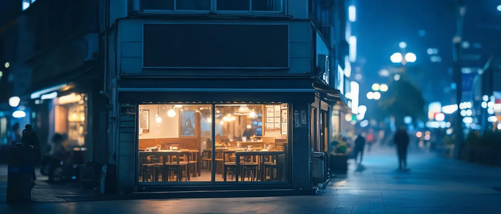 夜晚街边小餐馆的窗景,招牌空白
